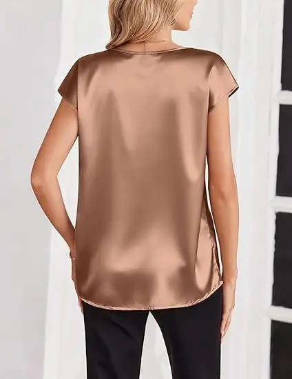 Women's Satin T-Shirt Spring and Summer Amazon European and American Clothing New Solid Color Business V-Neck Casual Pullover Top for Women — feature 19