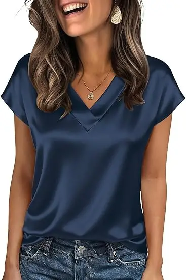 Women's Satin T-Shirt Spring and Summer Amazon European and American Clothing New Solid Color Business V-Neck Casual Pullover Top for Women — feature 20