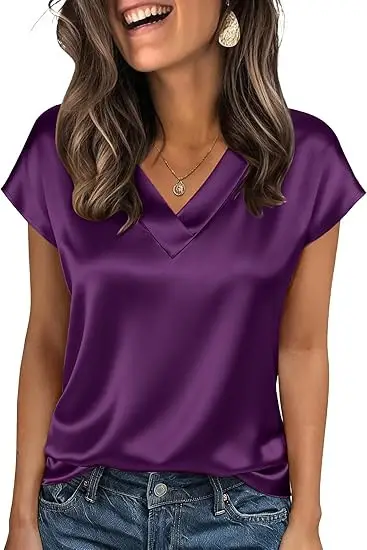 Women's Satin T-Shirt Spring and Summer Amazon European and American Clothing New Solid Color Business V-Neck Casual Pullover Top for Women — feature 22