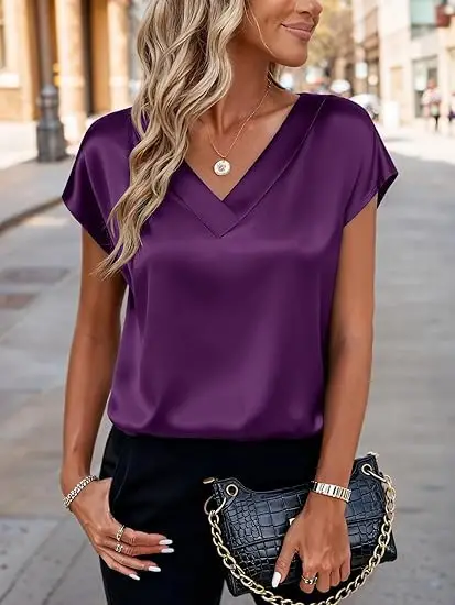 Women's Satin T-Shirt Spring and Summer Amazon European and American Clothing New Solid Color Business V-Neck Casual Pullover Top for Women — feature 23