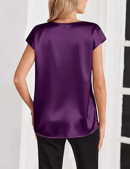 Women's Satin T-Shirt Spring and Summer Amazon European and American Clothing New Solid Color Business V-Neck Casual Pullover Top for Women — feature 24