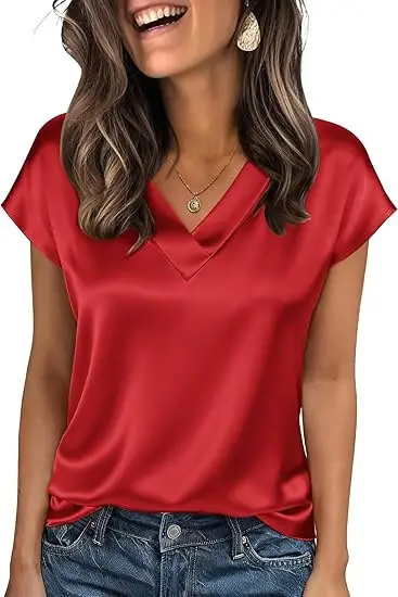 Women's Satin T-Shirt Spring and Summer Amazon European and American Clothing New Solid Color Business V-Neck Casual Pullover Top for Women — feature 25