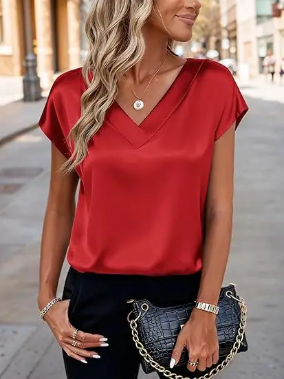 Women's Satin T-Shirt Spring and Summer Amazon European and American Clothing New Solid Color Business V-Neck Casual Pullover Top for Women — feature 26
