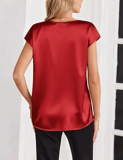 Women's Satin T-Shirt Spring and Summer Amazon European and American Clothing New Solid Color Business V-Neck Casual Pullover Top for Women — feature 27