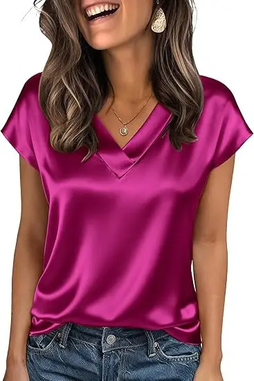 Women's Satin T-Shirt Spring and Summer Amazon European and American Clothing New Solid Color Business V-Neck Casual Pullover Top for Women — feature 28
