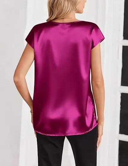 Women's Satin T-Shirt Spring and Summer Amazon European and American Clothing New Solid Color Business V-Neck Casual Pullover Top for Women — feature 29