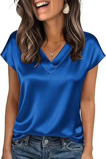 Women's Satin T-Shirt Spring and Summer Amazon European and American Clothing New Solid Color Business V-Neck Casual Pullover Top for Women — feature 30