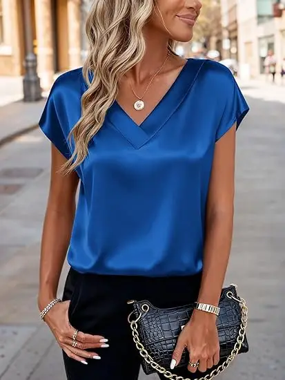 Women's Satin T-Shirt Spring and Summer Amazon European and American Clothing New Solid Color Business V-Neck Casual Pullover Top for Women — feature 31