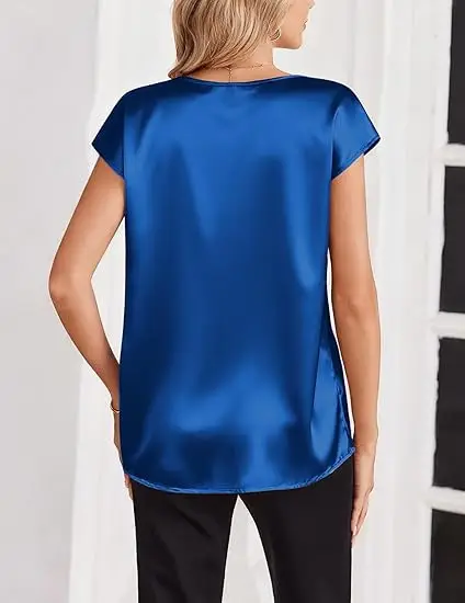 Women's Satin T-Shirt Spring and Summer Amazon European and American Clothing New Solid Color Business V-Neck Casual Pullover Top for Women — feature 32