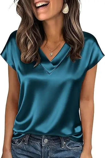Women's Satin T-Shirt Spring and Summer Amazon European and American Clothing New Solid Color Business V-Neck Casual Pullover Top for Women — feature 33