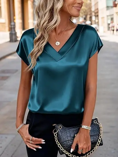 Women's Satin T-Shirt Spring and Summer Amazon European and American Clothing New Solid Color Business V-Neck Casual Pullover Top for Women — feature 34