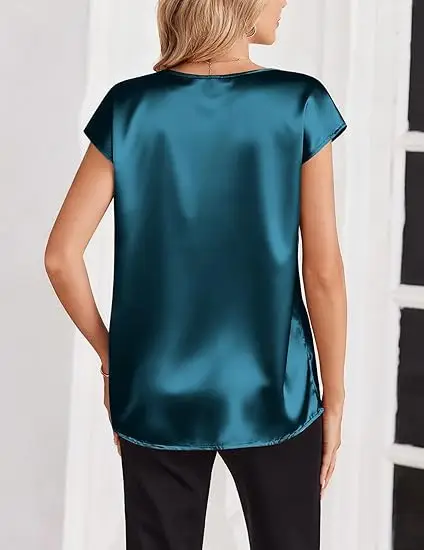 Women's Satin T-Shirt Spring and Summer Amazon European and American Clothing New Solid Color Business V-Neck Casual Pullover Top for Women — feature 35