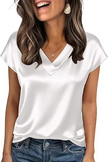 Women's Satin T-Shirt Spring and Summer Amazon European and American Clothing New Solid Color Business V-Neck Casual Pullover Top for Women — feature 36
