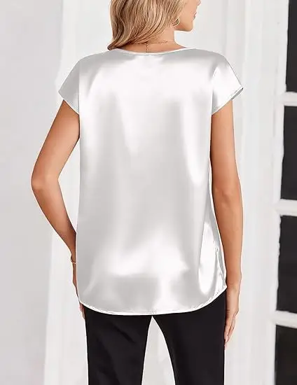 Women's Satin T-Shirt Spring and Summer Amazon European and American Clothing New Solid Color Business V-Neck Casual Pullover Top for Women — feature 38