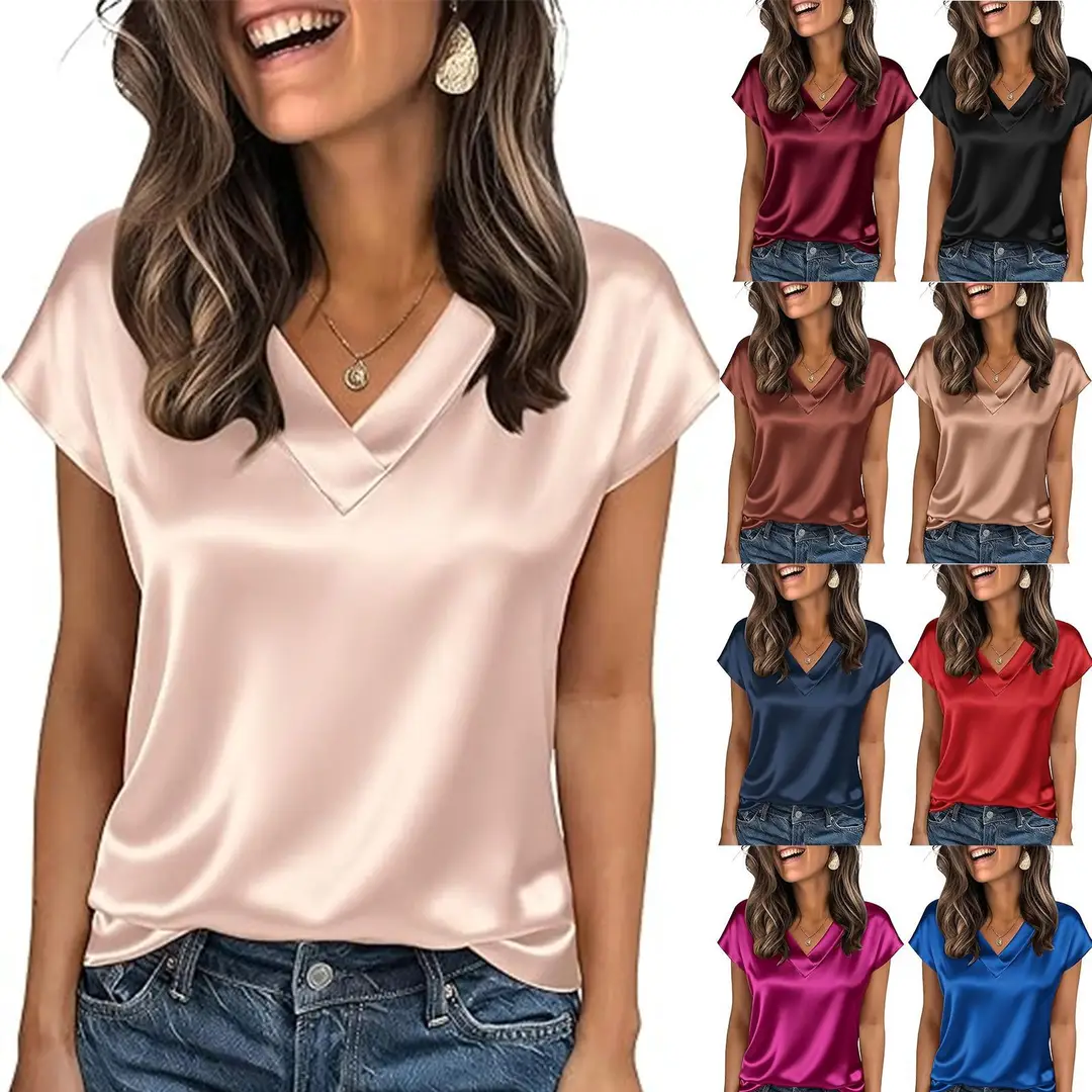 Women's Satin T-Shirt Spring and Summer Amazon European and American Clothing New Solid Color Business V-Neck Casual Pullover Top for Women — feature 4