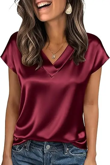 Women's Satin T-Shirt Spring and Summer Amazon European and American Clothing New Solid Color Business V-Neck Casual Pullover Top for Women — feature 6