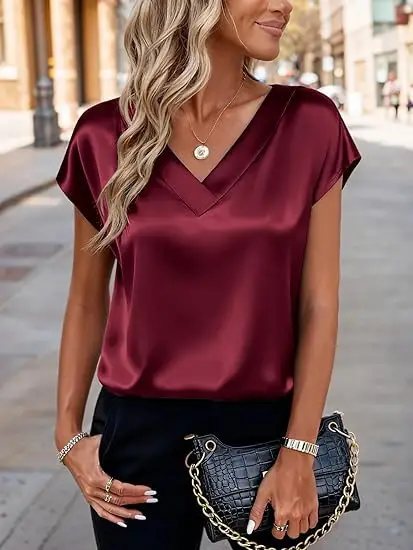 Women's Satin T-Shirt Spring and Summer Amazon European and American Clothing New Solid Color Business V-Neck Casual Pullover Top for Women — feature 7