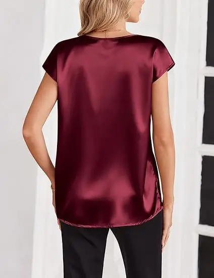 Women's Satin T-Shirt Spring and Summer Amazon European and American Clothing New Solid Color Business V-Neck Casual Pullover Top for Women — feature 8