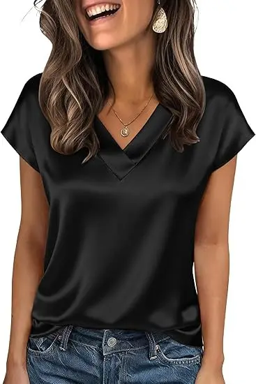 Women's Satin T-Shirt Spring and Summer Amazon European and American Clothing New Solid Color Business V-Neck Casual Pullover Top for Women — feature 9