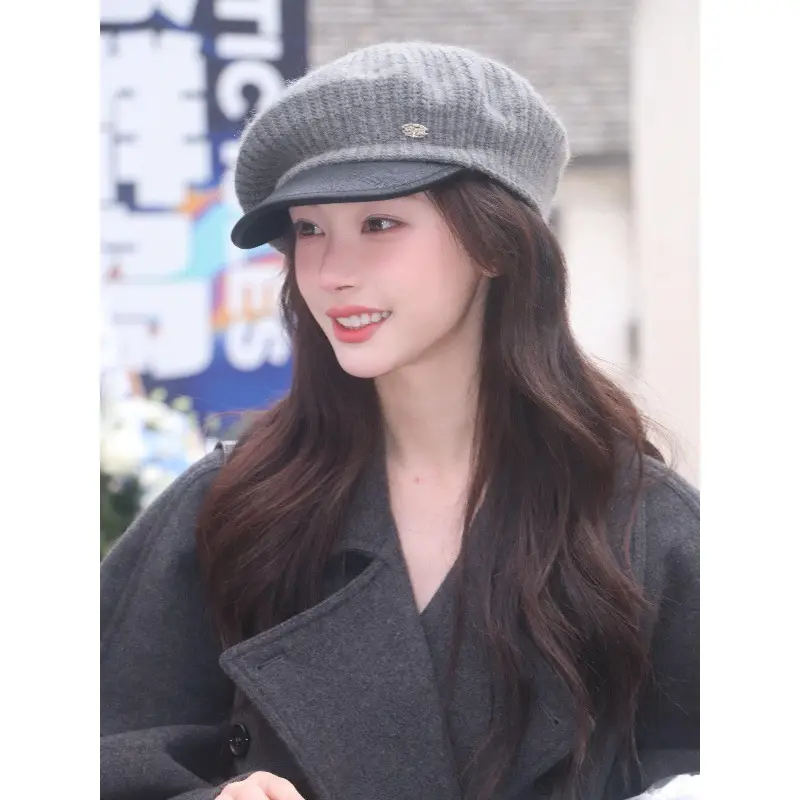 Women Knitted Leather Beret Autumn Winter Korean Style Peaked Cap - Image 4
