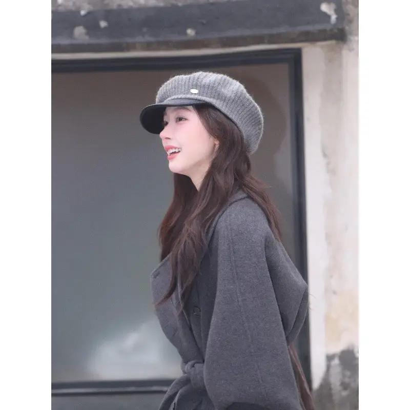 Women Knitted Leather Beret Autumn Winter Korean Style Peaked Cap - Image 6