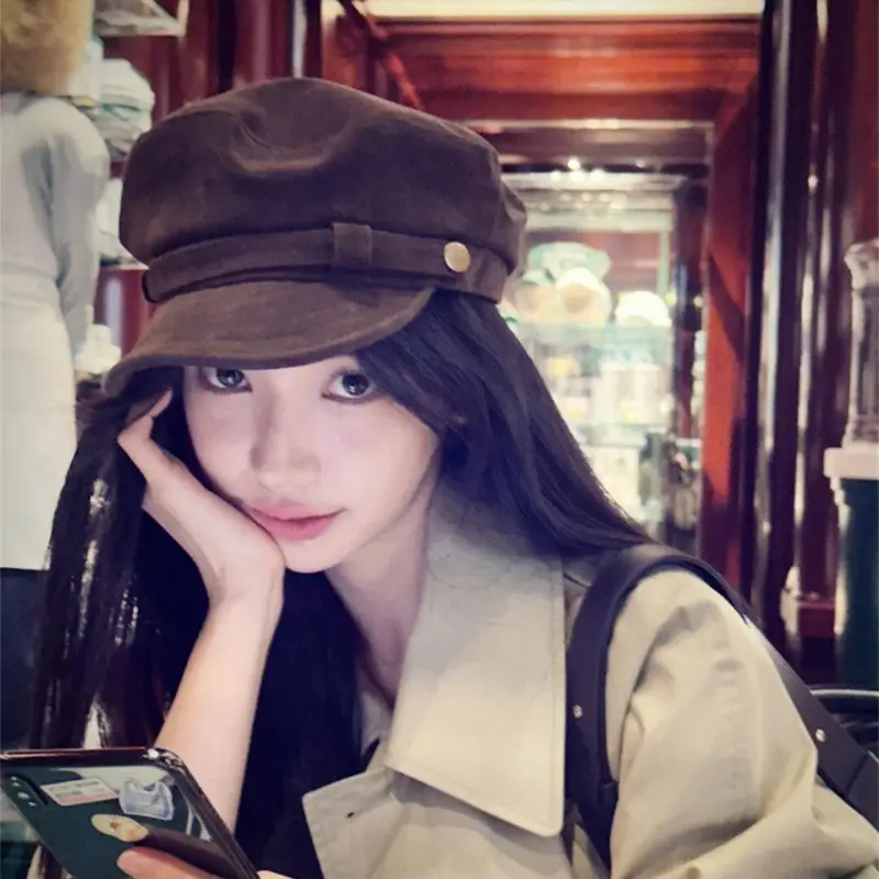 Women Knitted Leather Beret Autumn Winter Korean Style Peaked Cap - Image 2