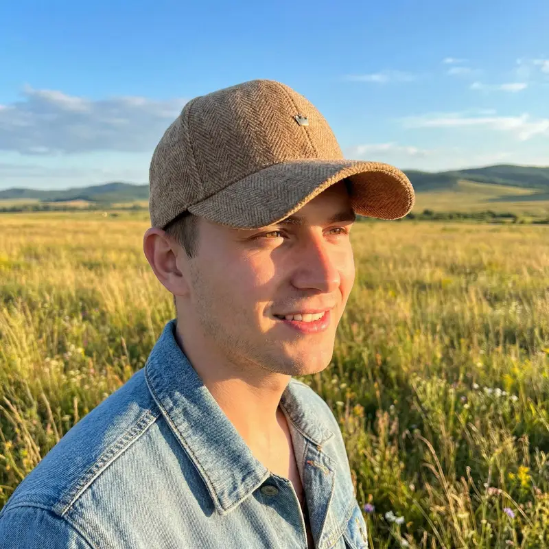 Maroon Herringbone Baseball Cap with Embroidery