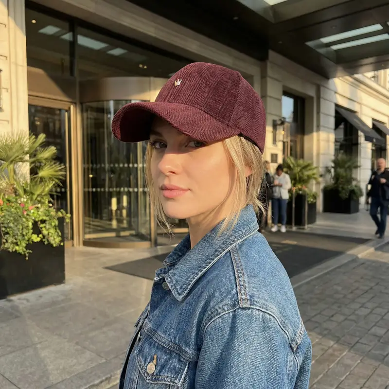 Maroon Herringbone Baseball Cap with Embroidery