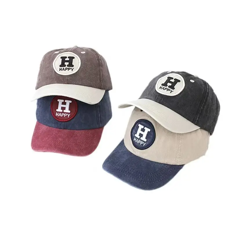 Children's Happy Embroidery Cap Grey White Curved Brim - Image 7