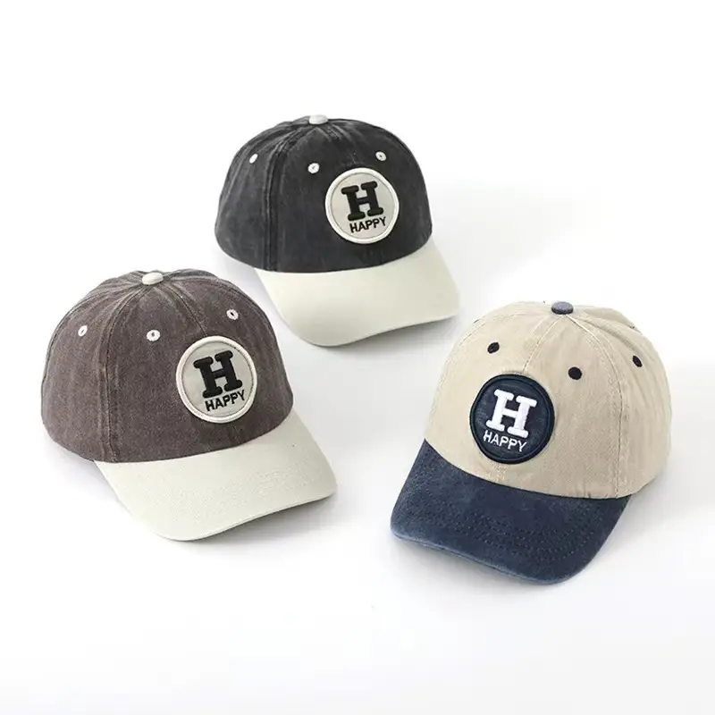 Children's Happy Embroidery Cap Grey White Curved Brim - Image 8