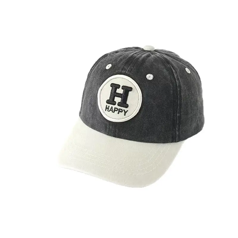 Children's Happy Embroidery Cap Grey White Curved Brim - Image 10