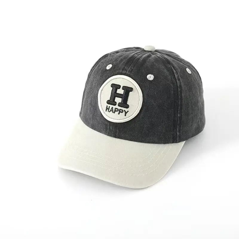 Children's Happy Embroidery Cap Grey White Curved Brim — feature 10