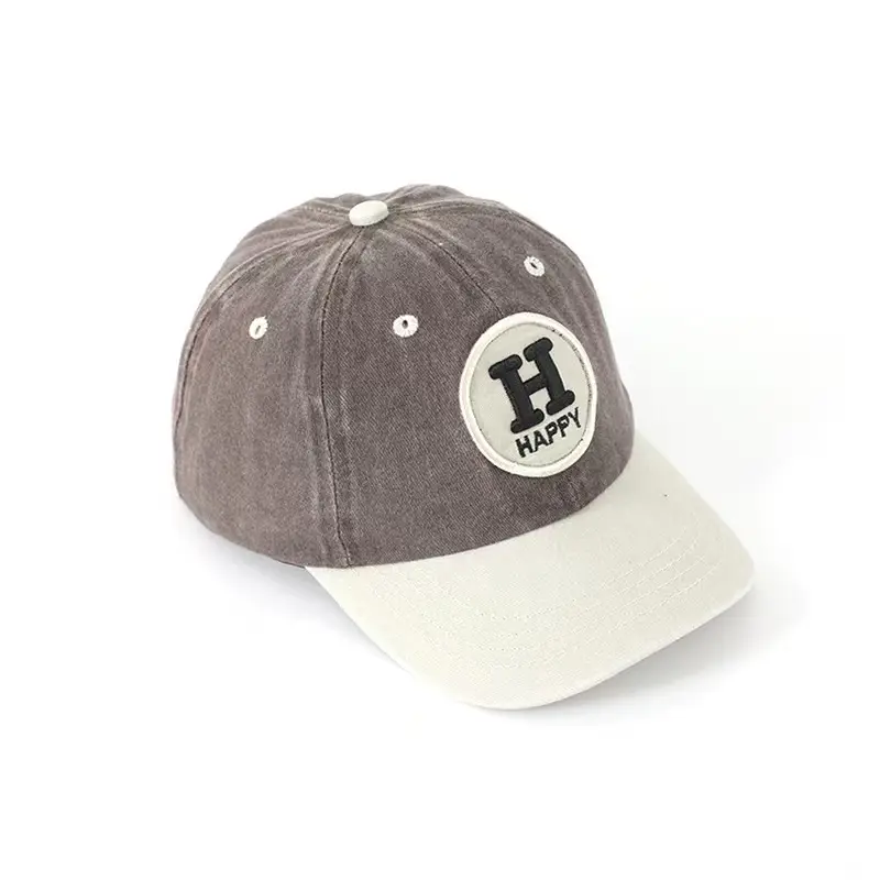 Children's Happy Embroidery Cap Grey White Curved Brim — feature 14