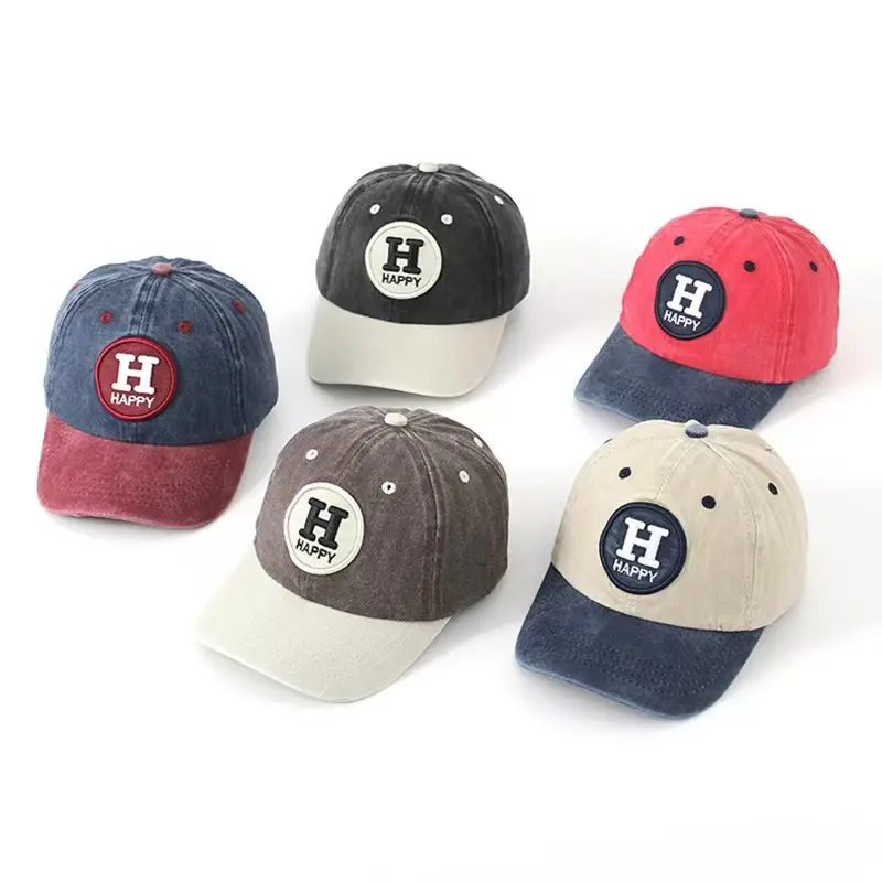 Children's Happy Embroidery Cap Grey White Curved Brim — feature 2