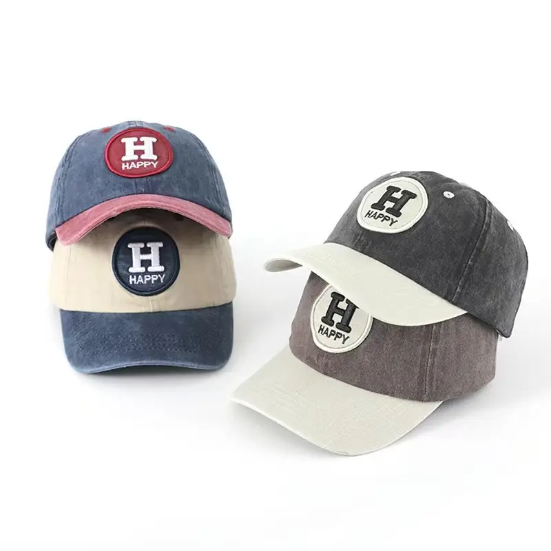 Children's Happy Embroidery Cap Grey White Curved Brim — feature 3