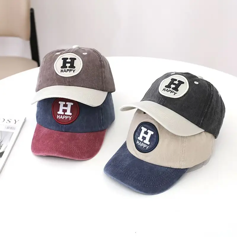 Children's Happy Embroidery Cap Grey White Curved Brim — feature 4