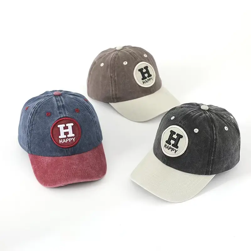 Children's Happy Embroidery Cap Grey White Curved Brim — feature 6