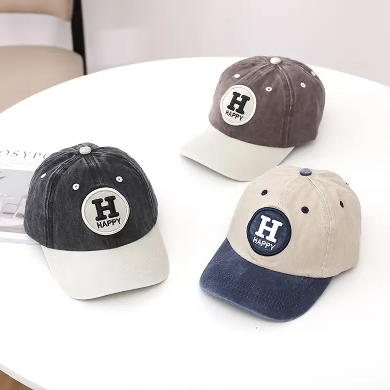 Children's Happy Embroidery Cap Grey White Curved Brim — feature 7