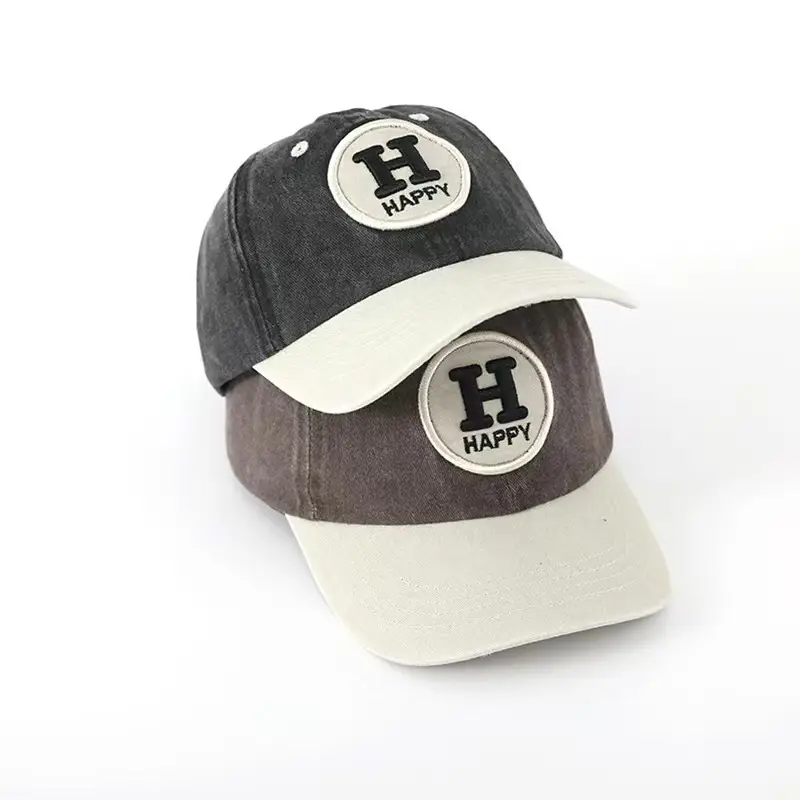 Children's Happy Embroidery Cap Grey White Curved Brim — feature 8