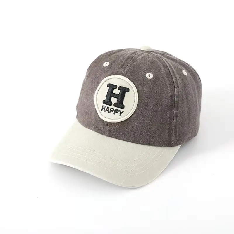 Children's Happy Embroidery Cap Grey White Curved Brim - Image 3