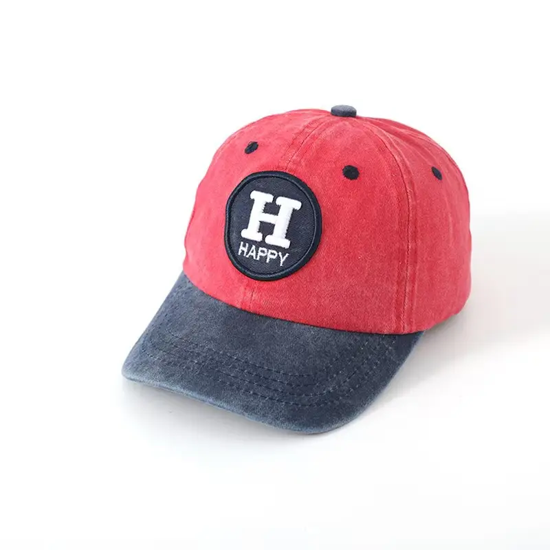 Children's Happy Embroidery Cap Grey White Curved Brim - Image 5