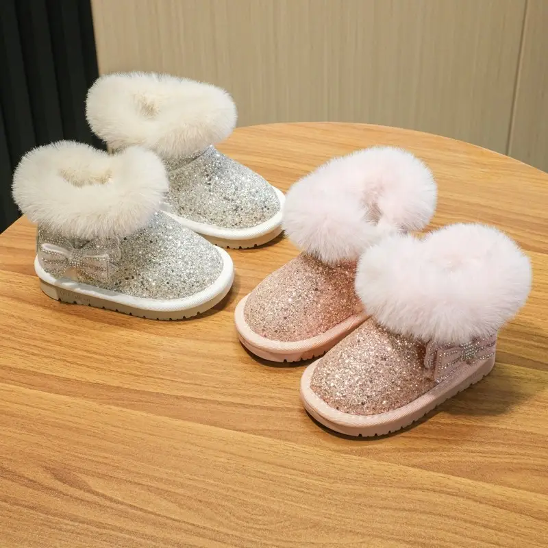 Baby Girl Snow Boots Fleece-Lined Warm Cotton Shoes Toddler Princess Shoes Furry Shoes Winter Short Boots Baby Toddler Shoes