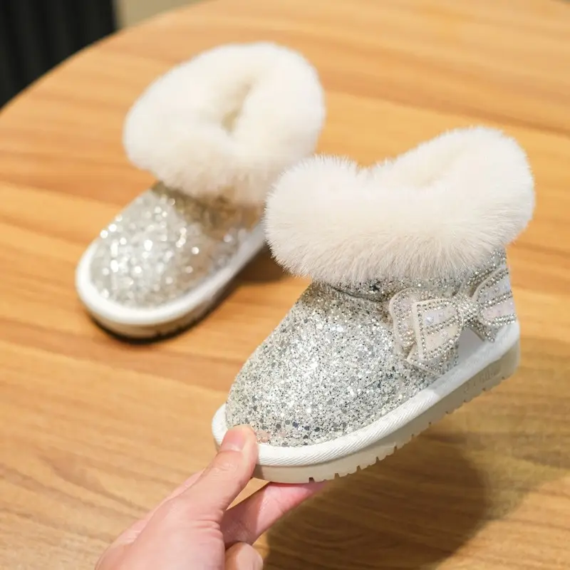 Baby Girl Snow Boots Fleece-Lined Warm Cotton Shoes Toddler Princess Shoes Furry Shoes Winter Short Boots Baby Toddler Shoes