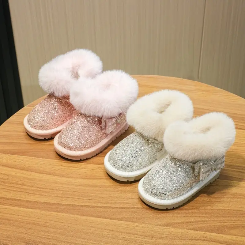 Baby Girl Snow Boots Fleece-Lined Warm Cotton Shoes Toddler Princess Shoes Furry Shoes Winter Short Boots Baby Toddler Shoes