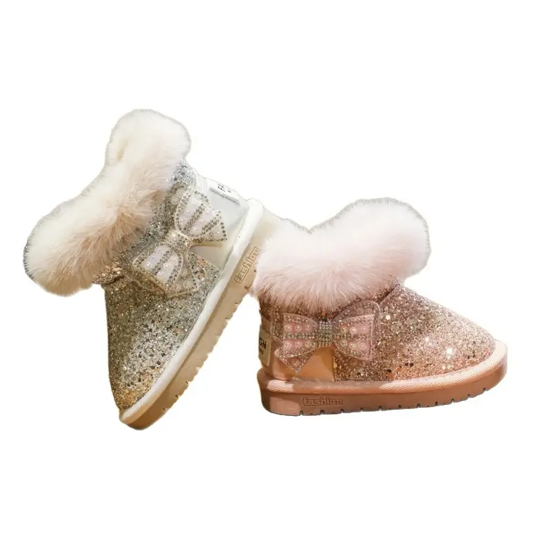 Baby Girl Snow Boots Fleece-Lined Warm Cotton Shoes Toddler Princess Shoes Furry Shoes Winter Short Boots Baby Toddler Shoes