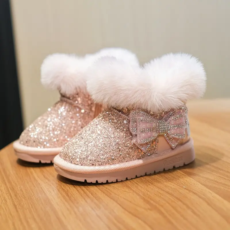 Baby Girl Snow Boots Fleece-Lined Warm Cotton Shoes Toddler Princess Shoes Furry Shoes Winter Short Boots Baby Toddler Shoes
