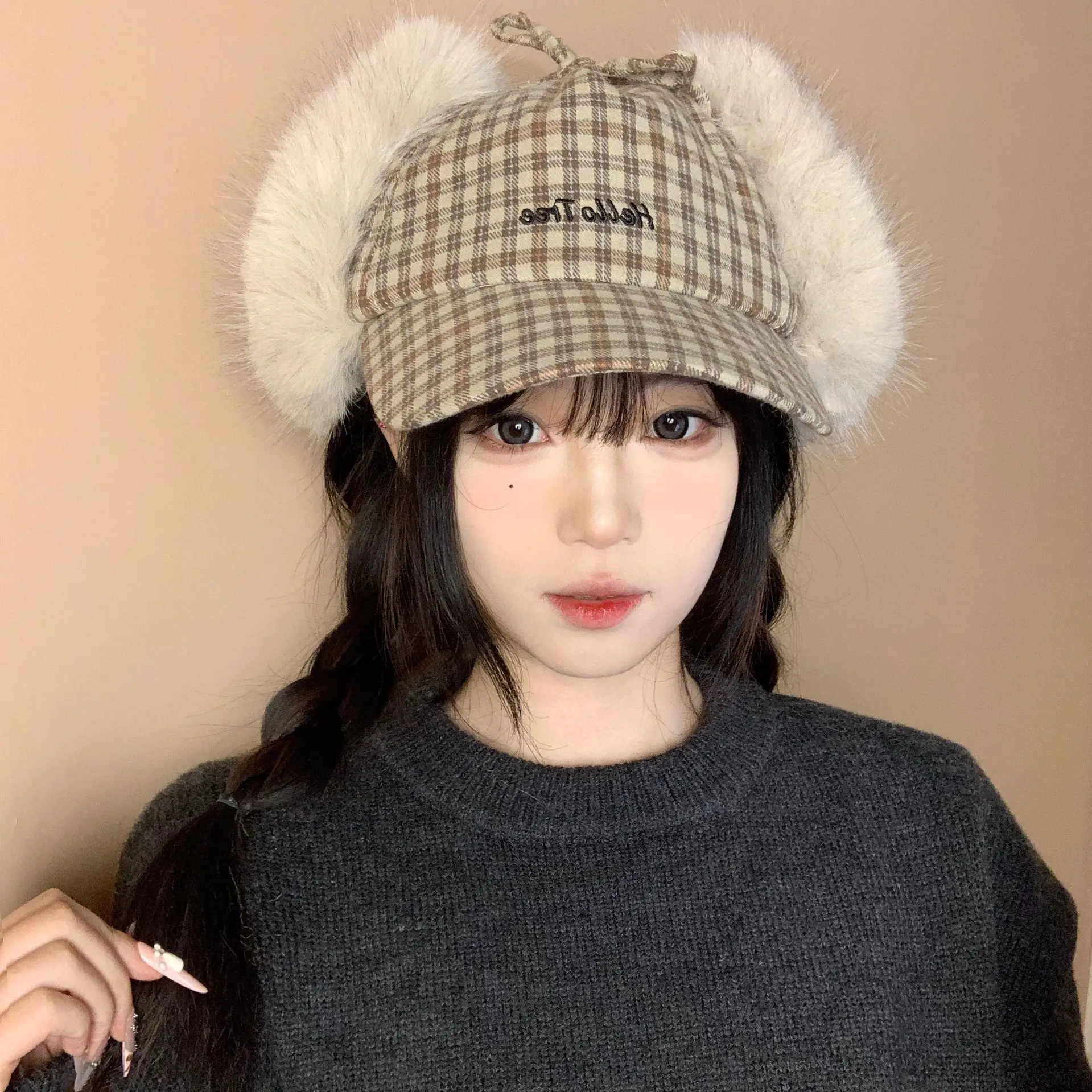 Women Plaid Fur Cap Winter Warm Ear Protection - Image 2