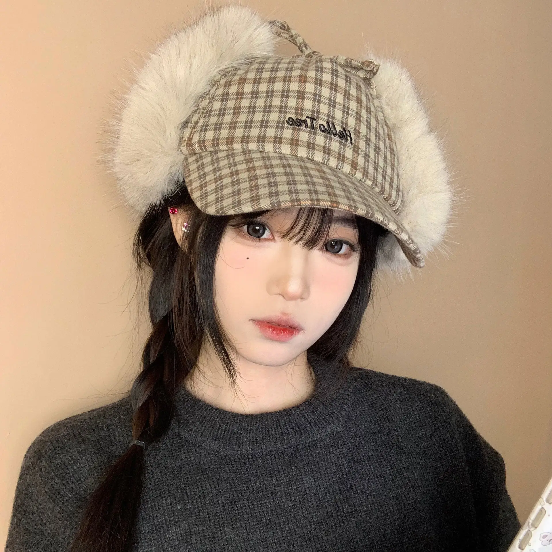 Women Plaid Fur Cap Winter Warm Ear Protection - Image 3