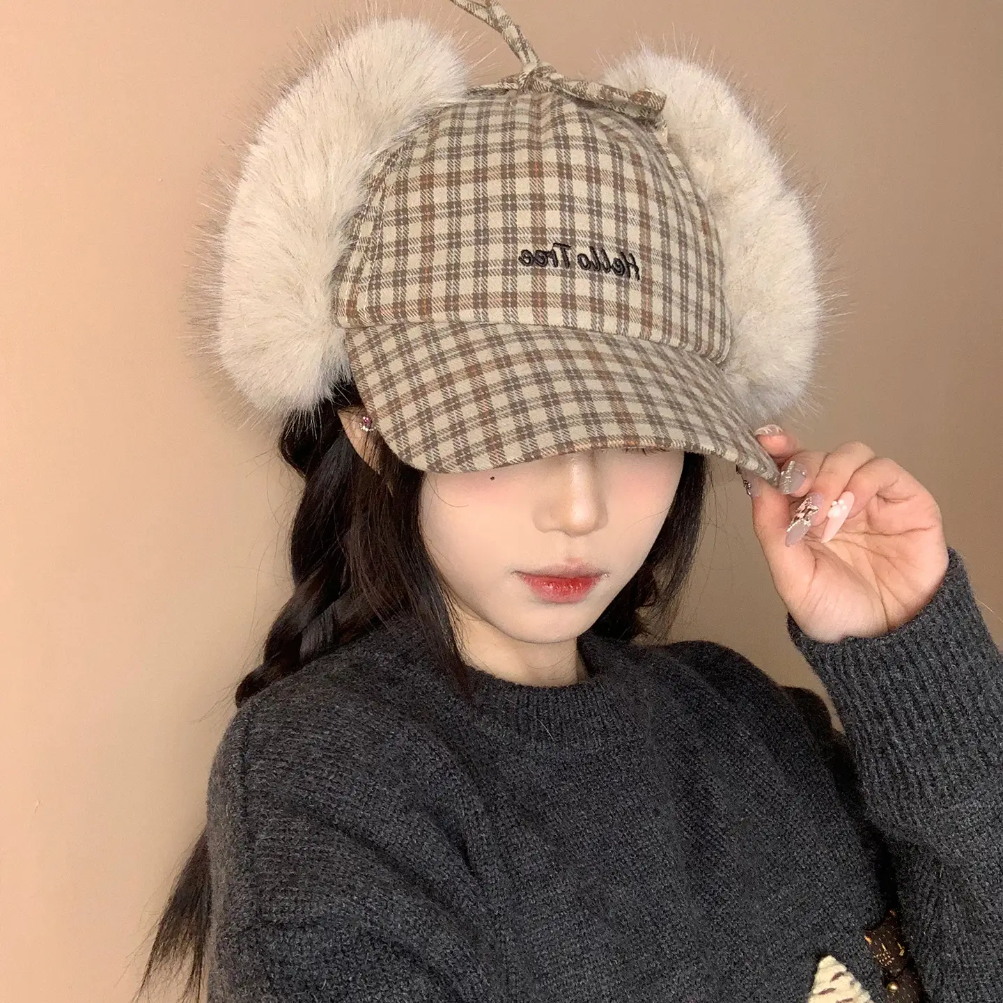 Women Plaid Fur Cap Winter Warm Ear Protection - Image 5