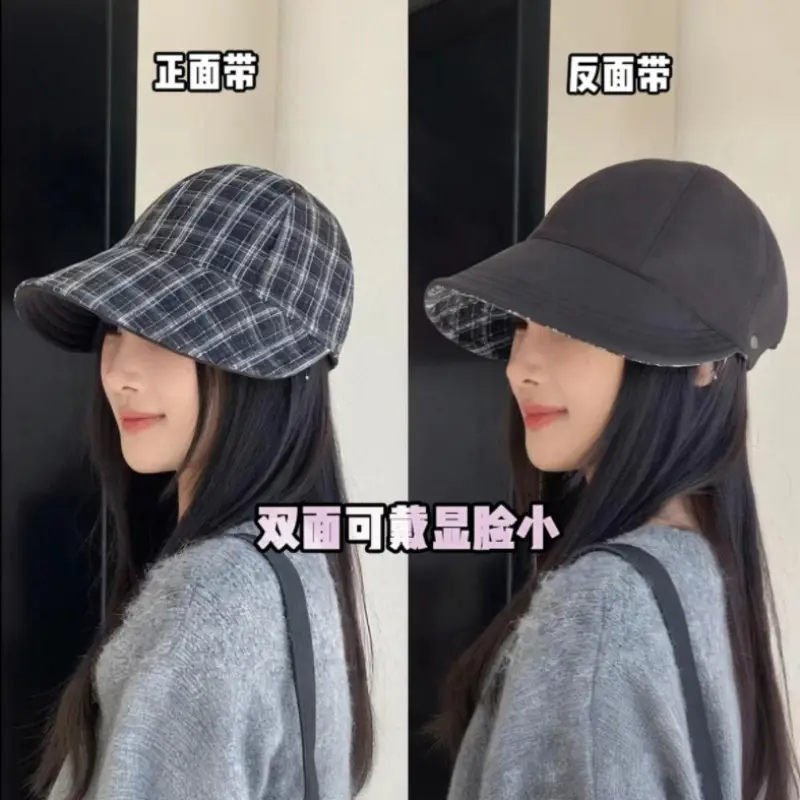 Women Plaid Duckbill Hat Autumn Winter Reversible Woolen - Image 3